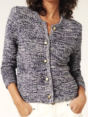ba&sh Guspa Navy and White Marled Knit Cardigan with Gold Buttons, size medium
